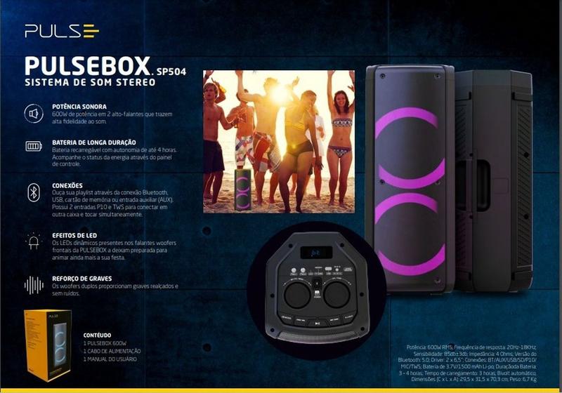 Caixa de Som Pulse Box 2x Woofers 6.5 Polegadas 600W Pulse - SP504